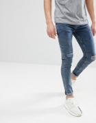 Asos Design Super Skinny Jeans In Smokey Overdyed Blue With Knee Rips - Black