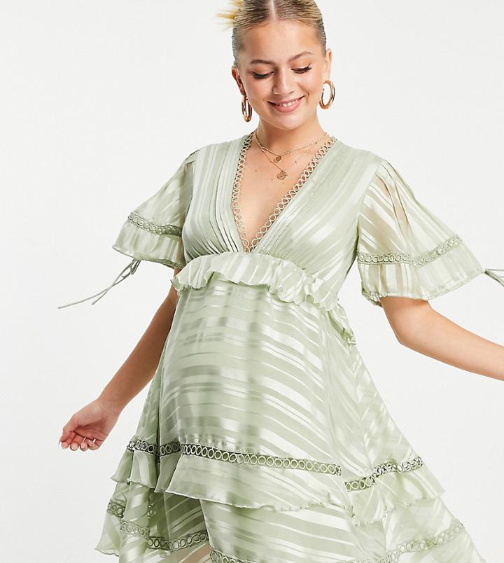 Asos Design Maternity Short Sleeve Lace Insert Mini Dress With Belt In Sage Satin Stripe-green