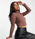 Asos Design Petite Roll Neck Crop Top In Rib In Brown