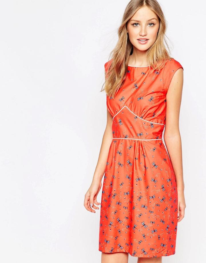 Trollied Dolly To The Point Shift Dress In Dragonfly And Ladybird Print - Coral Dragonfly And