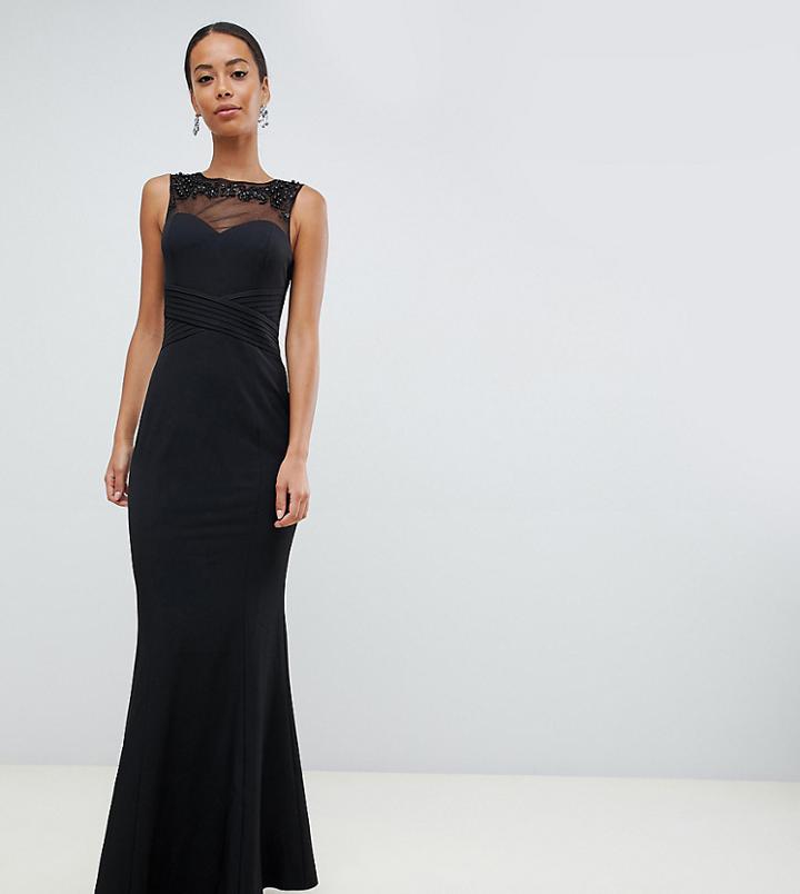 Little Mistress Tall Embellished Neck Pleated Maxi Dress In Black - Black