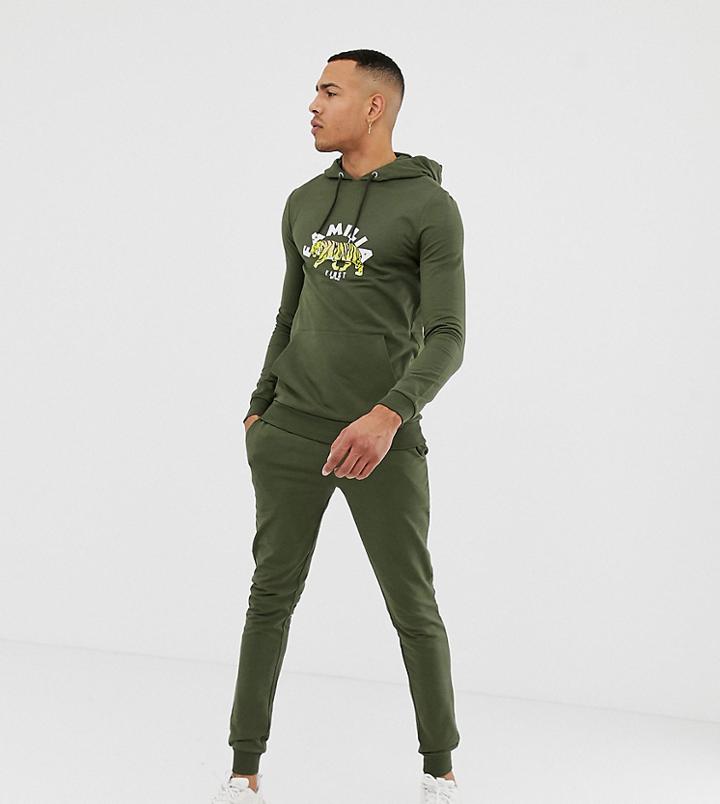 Asos Design Tall Tracksuit Muscle Hoodie/super Skinny Sweatpants With Tiger Print In Khaki-green