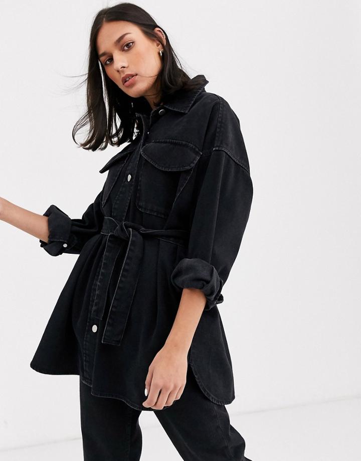 Asos Design Oversized Denim Western Shirt With Belt-black