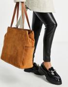 Asos Design Suede Shopper With Leather Trim Detail In Tan-brown