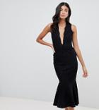 John Zack Tall Allover Lace Midi Dress With Peplum Hem In Black - Black