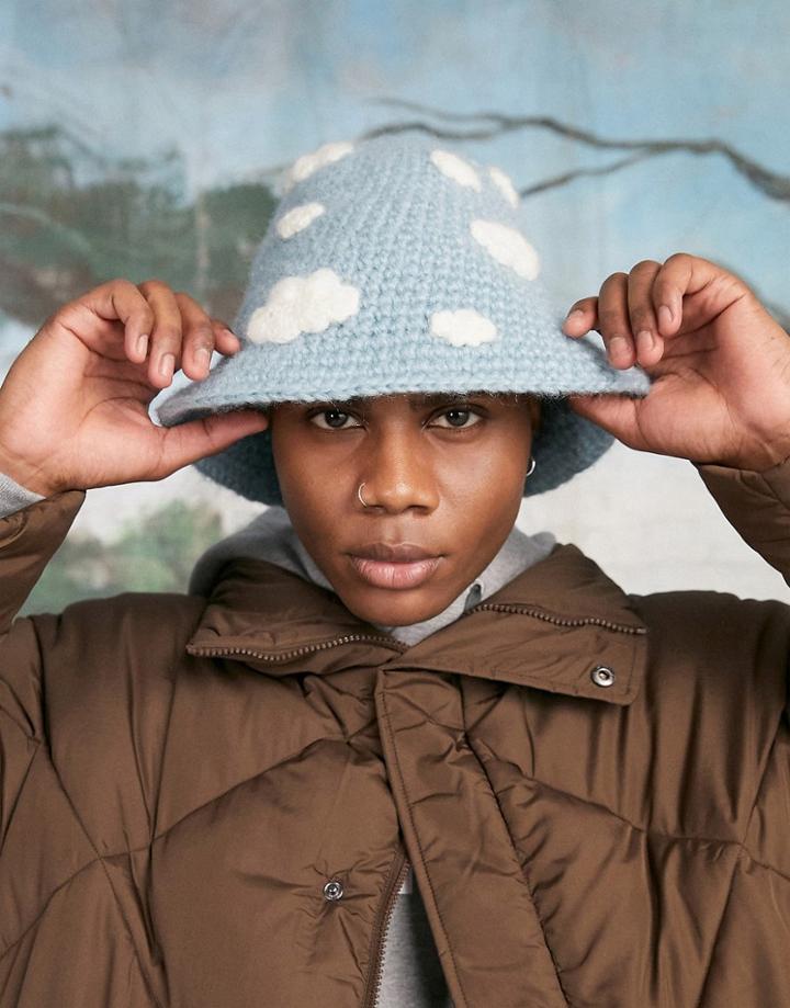 Asos Design Knitted Bucket Hat In Blue Cloud Design-blues
