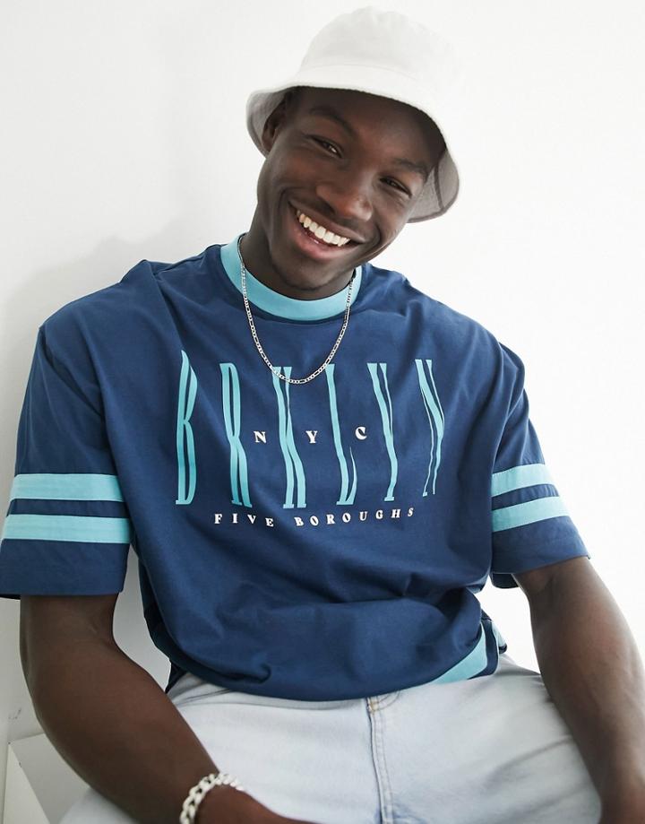 Asos Design Oversized T-shirt In Blue Color Block With Brooklyn City Print