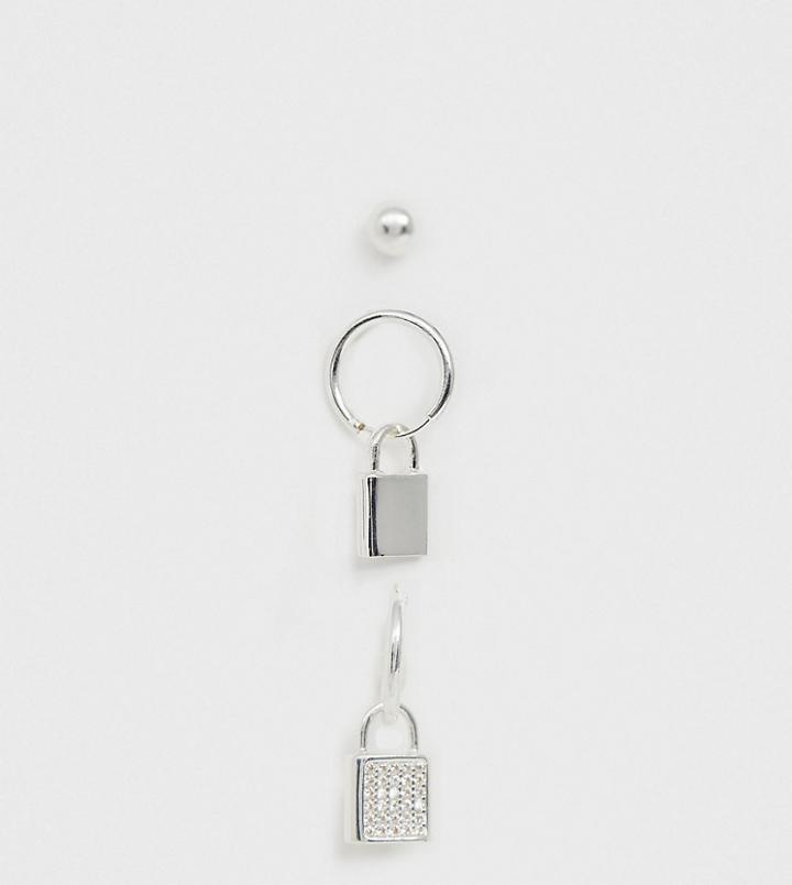 Asos Design Cubic Zirconia Padlock Hoop Earrings Pack - Multi