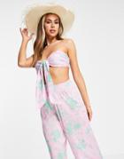 Asos Design Crinkle Tie Front Bandeau Beach Top In Wispy Floral Print - Part Of A Set-multi