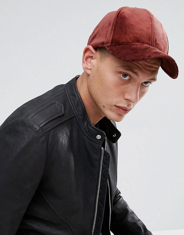 Asos Baseball Cap In Supersoft Burgundy Velour - Red