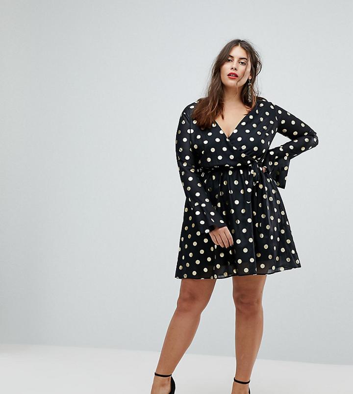 Club L Plus Ruffle Polka Dot Wrap Dress With Flute Sleeve - Black