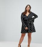 Club L Plus Ruffle Polka Dot Wrap Dress With Flute Sleeve - Black