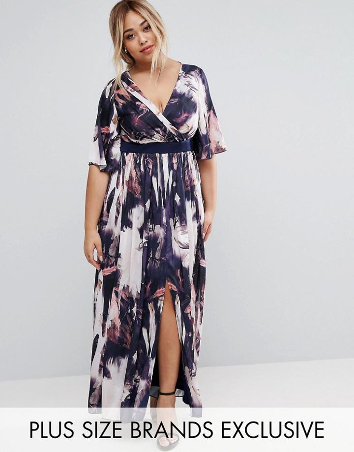 Little Mistress Plus Printed Kimono Sleeve Maxi Dress - Multi