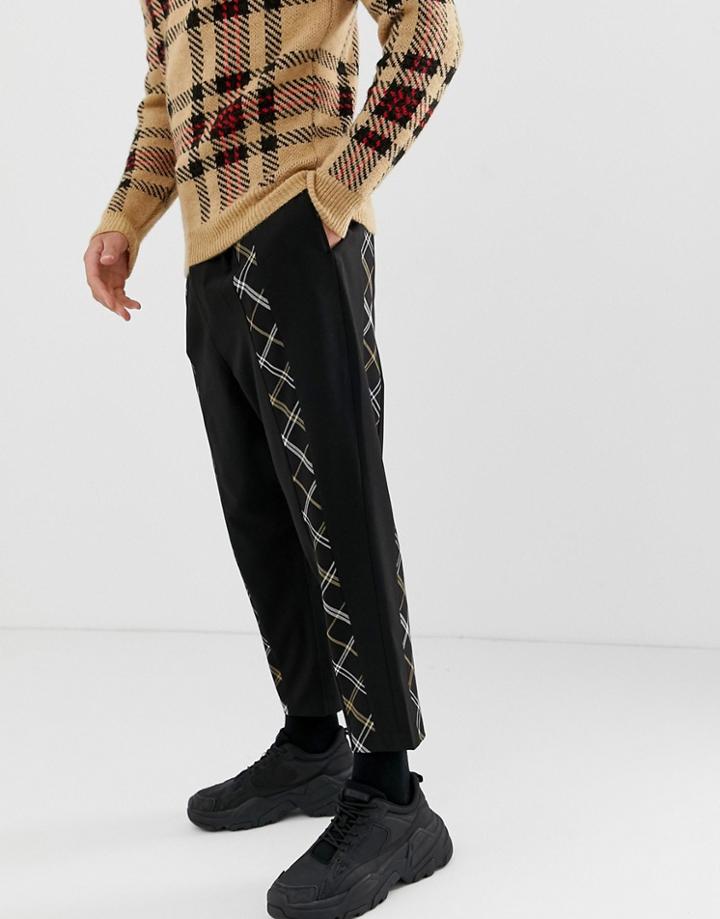 Asos Design Drop Crotch Smart Pants In Black With Checked Front Stripe
