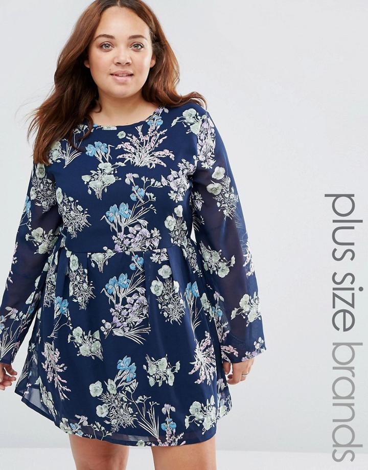 Yumi Plus Skater Dress In Floral Print - Navy