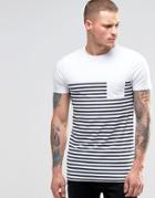 Asos Longline Muscle Stripe T-shirt In White/navy - White