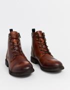Selected Homme Lace Up Leather Biker Boots In Tan-brown