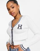 Hollister Cable Knit Cropped Varsity Cardigan In White