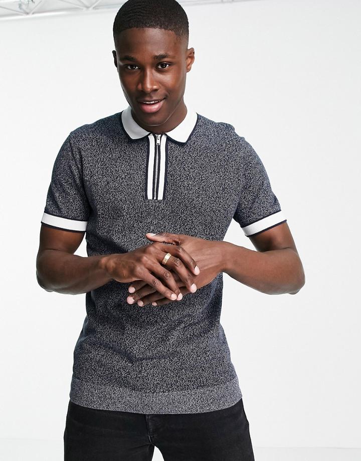 Selected Homme Pique Contrast Zip Polo In Navy