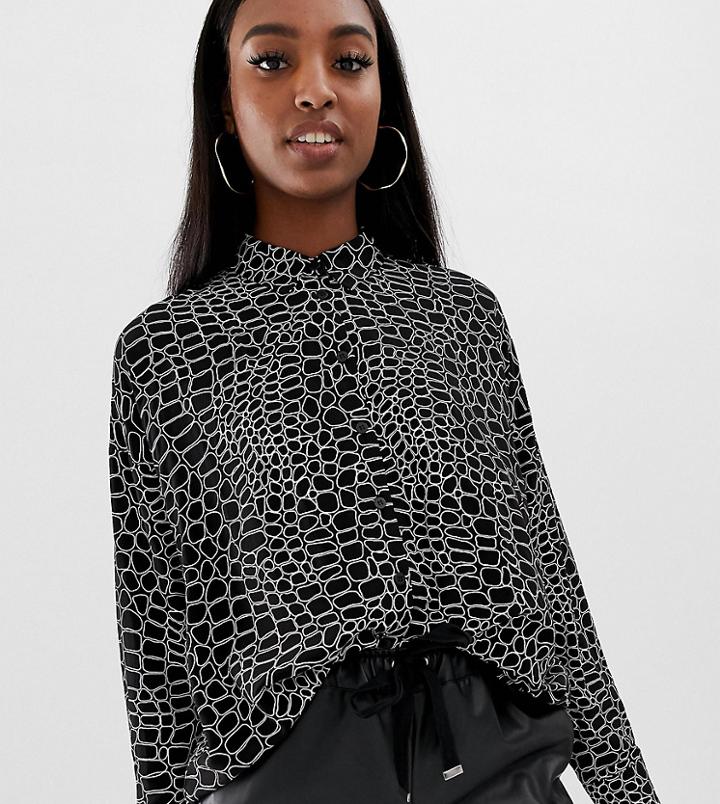 Asos Design Tall Cropped Long Sleeve Shirt In Crocodile Animal Print-multi