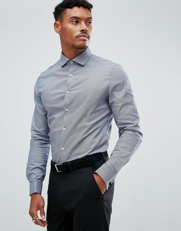 Asos Smart Stretch Slim Puppy Tooth Check Shirt With Cutaway Collar And Double Cuffs - Navy