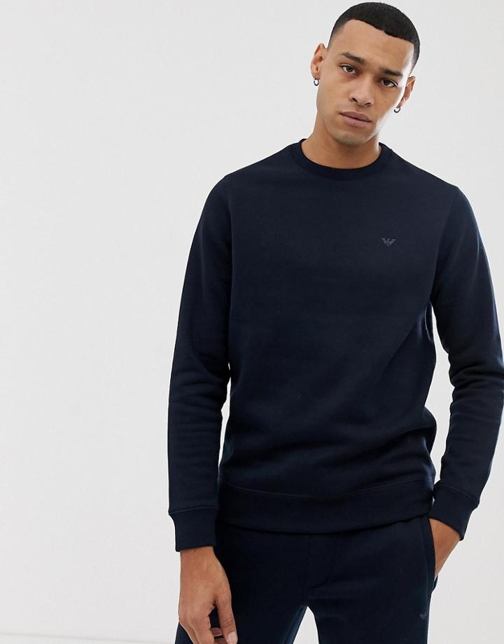 Emporio Armani Fleece Lined Crew Neck Logo Sweat In Navy - Navy