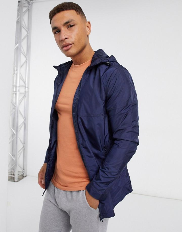 Jack & Jones Lightweight Longline Jacket With Hood In Navy-black
