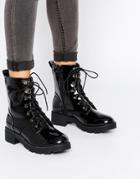 London Rebel Chunky Lace Up Calf Boots - Black Patent