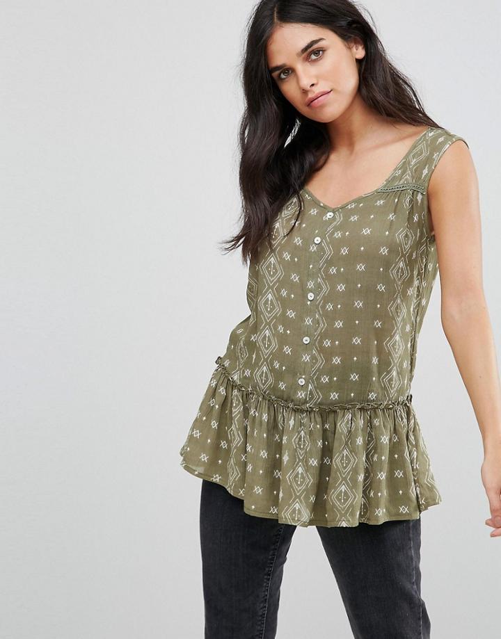 Brave Soul Hill Printed Button Through Tank - Green