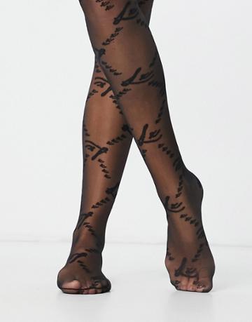 Asos Luxe Logo Patterned Tights In Black