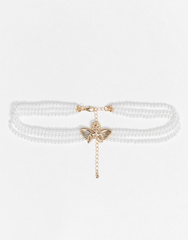 Asos Design Pearl Necklace With Cherub In Gold Tone