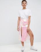 Asos Design All Over Irridescent Embellished Midi Skirt With Thigh Splits - Pink