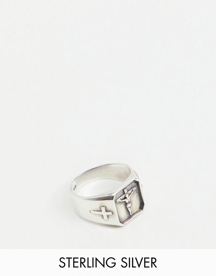 Asos Design Sterling Silver Religious Cross Signet Ring - Silver