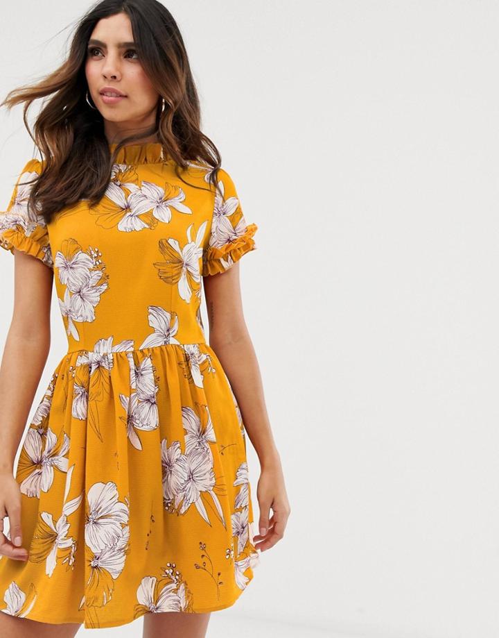 Ax Paris Floral Short Sleeve Mini Dress - Yellow