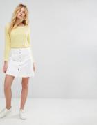 Only Button Front Denim Skirt With Raw Hem - White