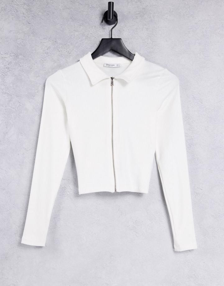 Stradivarius Ribbed Polo With Zip Set In Ecru-white