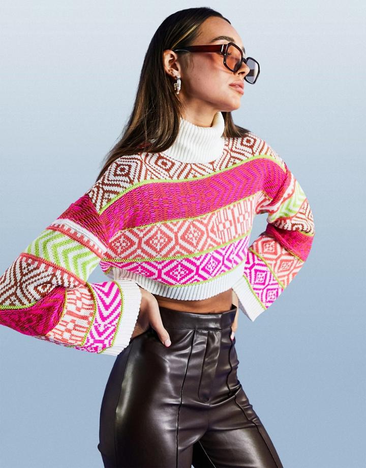 Asos Design Crop Sweater In Mixed Pattern-multi