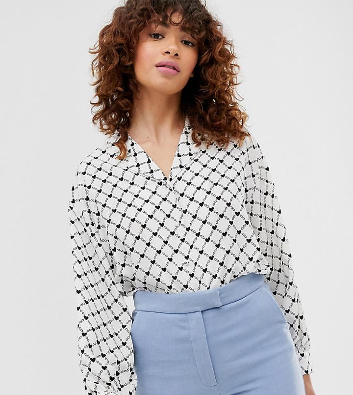 Monki Heart Chain Print V-neck Blouse In Off White - White