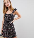 Asos Design Petite Button Through Mini Dress In Mono Spot And Floral Print-multi