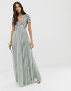 Maya Bridesmaid V Neck Maxi Tulle Dress With Tonal Delicate Sequins In Green Lily