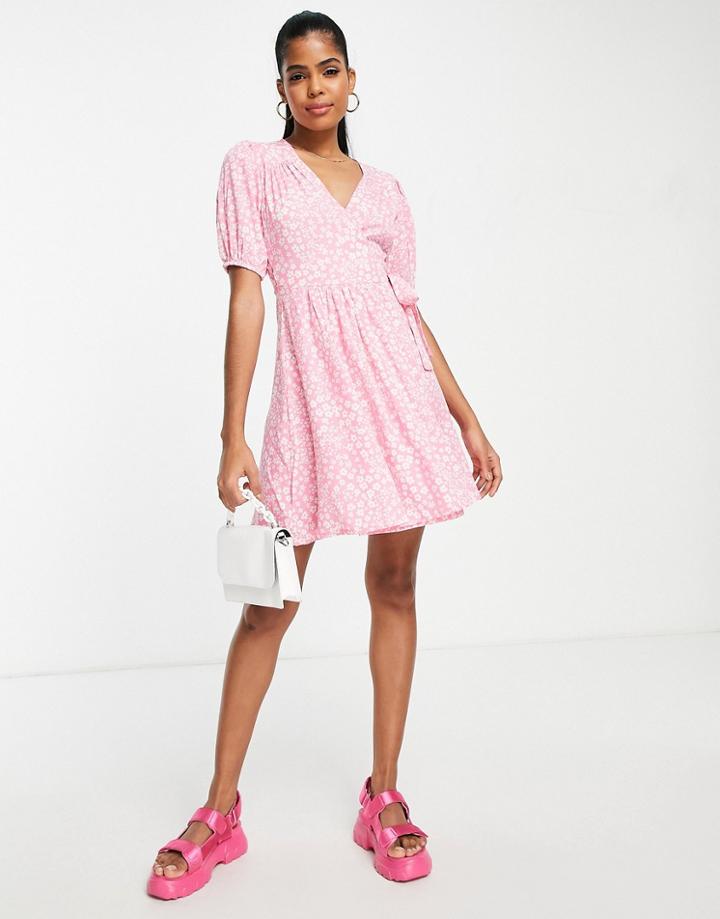 Influence Puff Sleeve Wrap Frill Mini Dress In Pink Floral