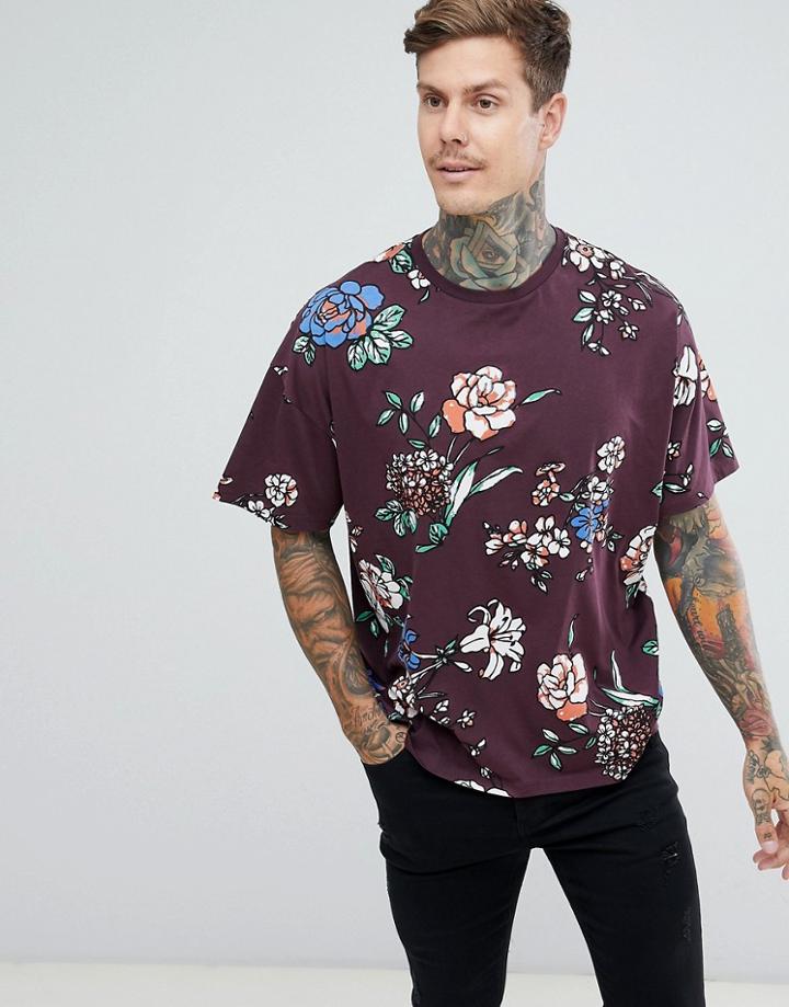 Asos Design Oversized T-shirt With All Over Floral Print-purple