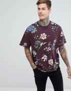Asos Design Oversized T-shirt With All Over Floral Print-purple