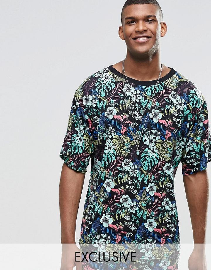 Reclaimed Vintage Festival T-shirt In Tropical Print - Black