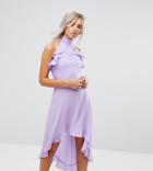 John Zack Petite Wrap Ruffle Detail High Neck Midi Dress-purple