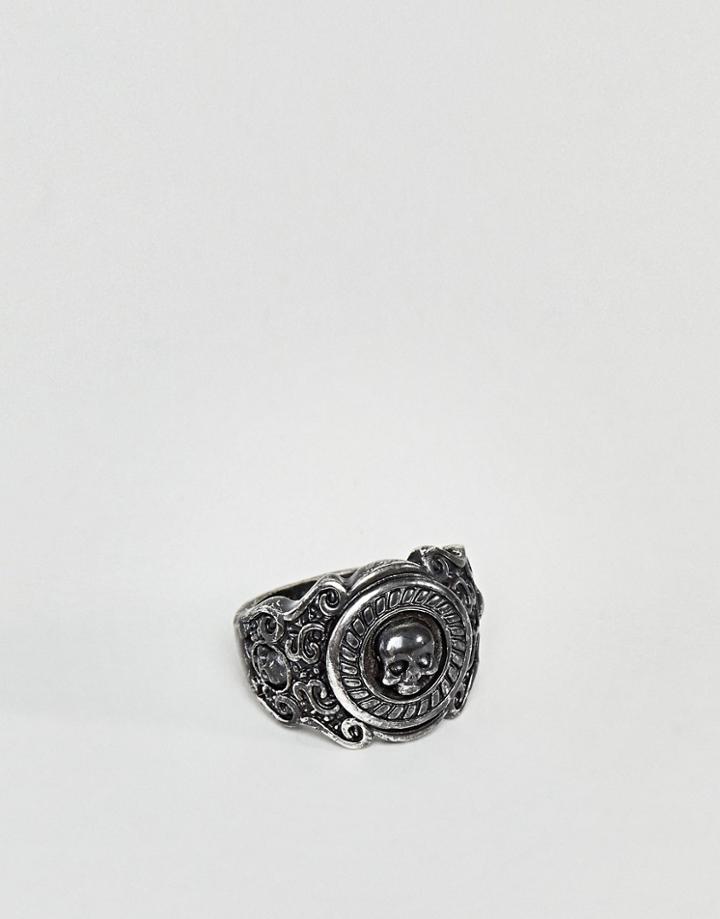 Rebel Heritage Skull Engraved Signet Ring In Brushed Black - Black