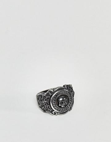 Rebel Heritage Skull Engraved Signet Ring In Brushed Black - Black