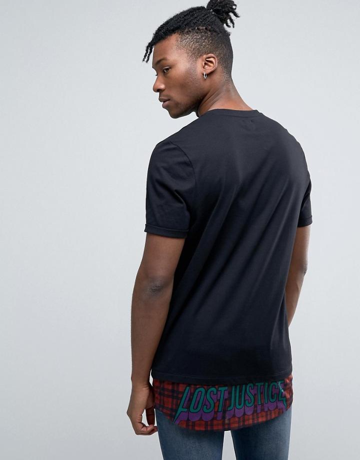 Asos Super Longline T-shirt With Check Printed Hem Extender - Black