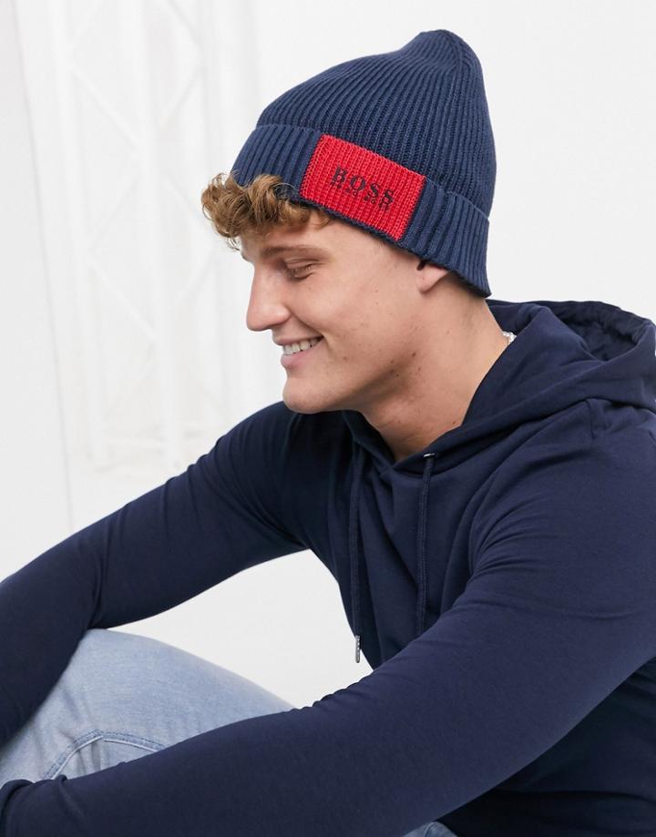 Boss Arebo Contrast Box Logo Beanie In Navy