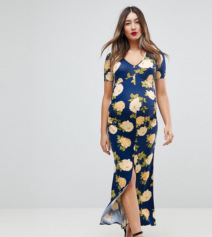 Asos Maternity City Maxi Tea Dress With V Neck And Button Detail In Blue Floral Print - Multi